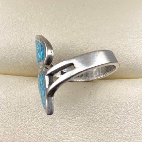 Vintage Sterling Silver Adjustable Ring Turquoise Chip Inlay Double Heart Love - Picture 7 of 12
